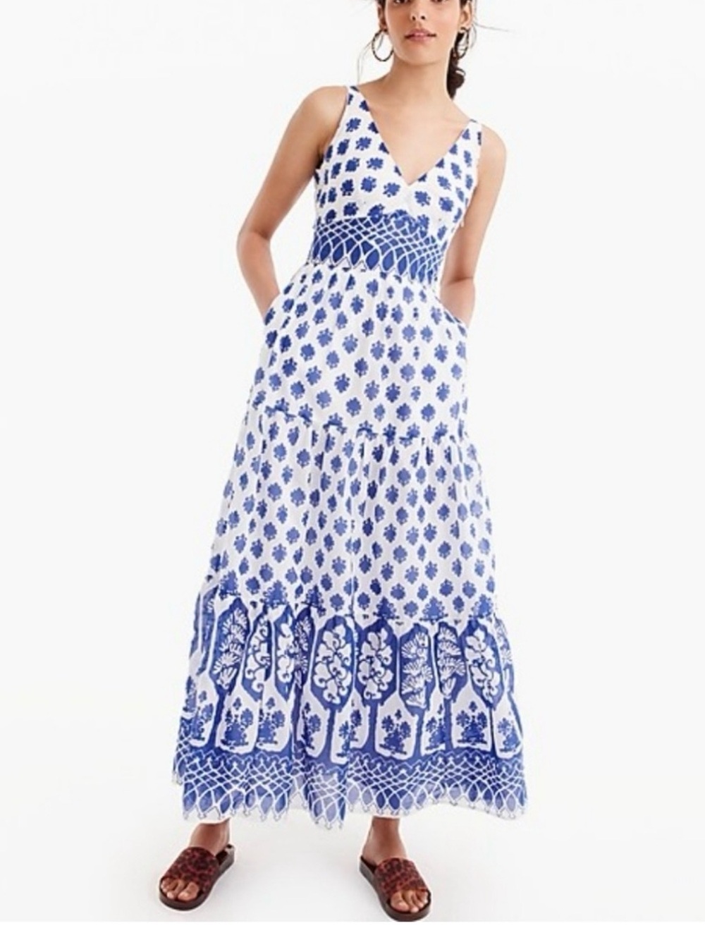 J. Crew White and Blue Printed Maxi Dress